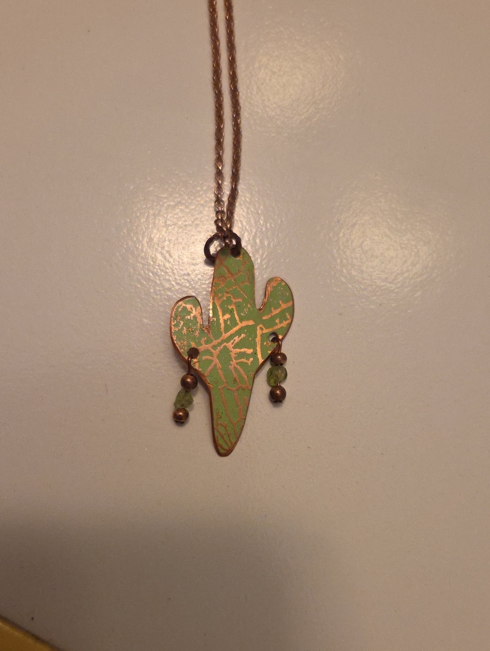 Handmafe Green Cactus Pendant Necklace 24 Inch Rose Colored Gold